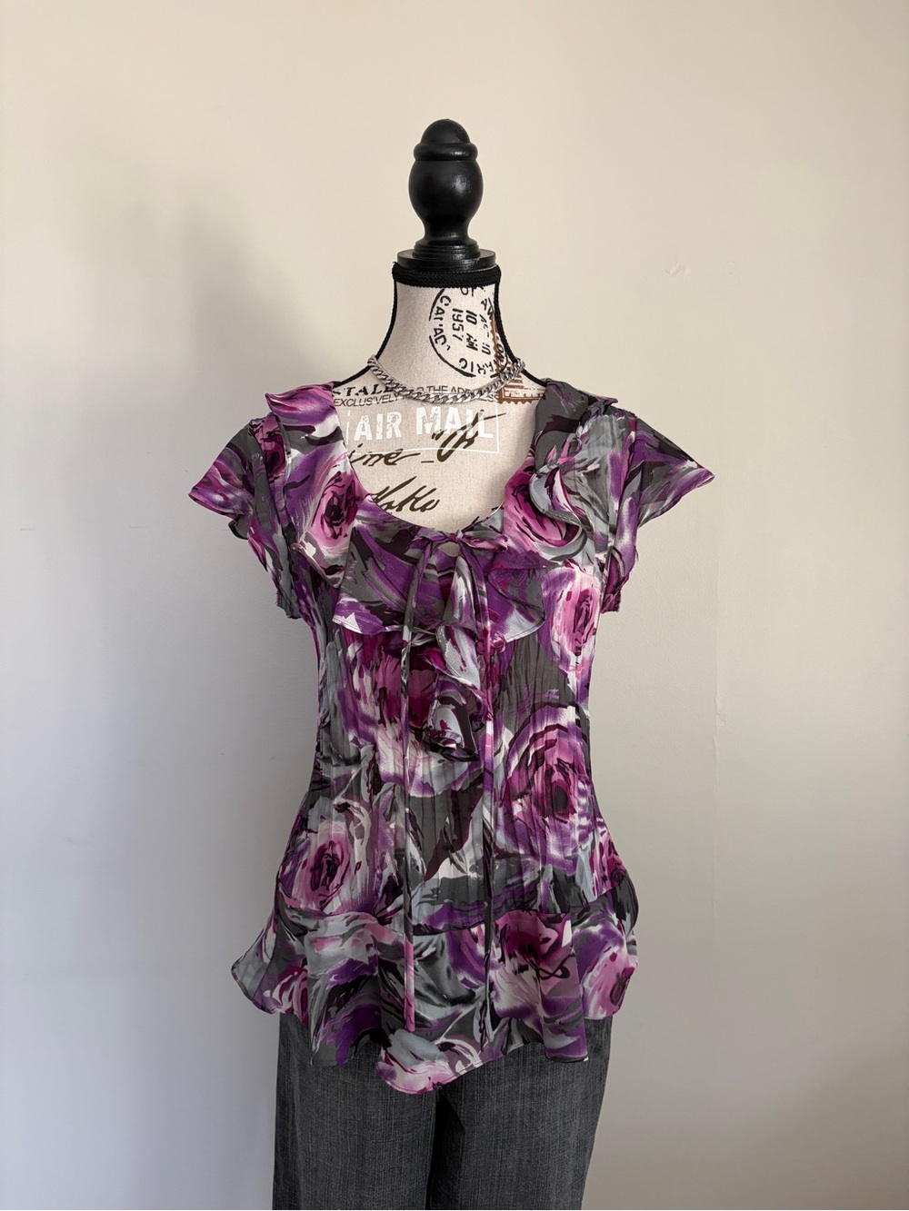 Y2K Purple Floral Flowy Fairycore Whimsigoth Short Sleeve Pleated Ruffle Blouse